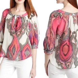 Trina Turk Silk Ikat Print Blouse Small 3/4 Sleeve Popover